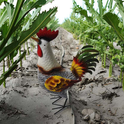 Metal Rooster Statue, Garden Outdoor Decor, Red and Gold Feathers, Weather Resistant, Metal Chicken Yard Art Sculpture, Iron Garden Animal Statue