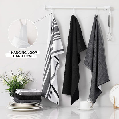 Homaxy Premium Kitchen Towels(18”x 28”, 6 Pack), Large Cotton 380 GSM Kitchen Hand Towels, Soft and Absorbent Terry Dish Towels, Multipurpose Tea Towel Set with Hanging Loop, Black