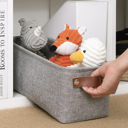 DULLEMELO Fabric Bathroom Storage Bin with Leather Handles, Narrow Organizer for Towels, Toilet Paper Rolls, Storage Basket for Back of Toilet, Vanities, Shelves & Cabinets (Gray)