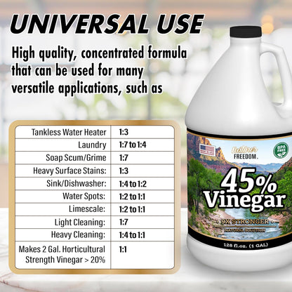 Nature's Freedom 45% Concentrated Vinegar with Funnel, 8 Gallons - Dilutes to 72 Gallons - 9x Strength Multi-Purpose Solution