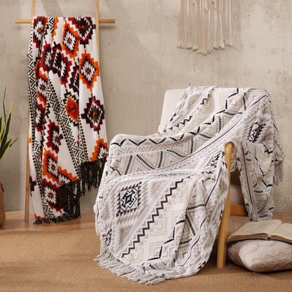 CASAAGUSTO Boho Throw Blanket - Beige and Gray Decorative Blankets with Tassel, Printed Flannel Bohemian Blanket for Chair, Bed, Sofa, Couch(60 * 80, Beige and Gray)