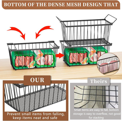 6 Pack Stackable Deep Freezer Organizer Bins ，Upgraded Bottom Leak-Proof net，Encryption and Hardening ， Freezer Organizer Bins for 5 to 9 Cu.FT Small Chest Freezer， Easy Get Bottom Foods