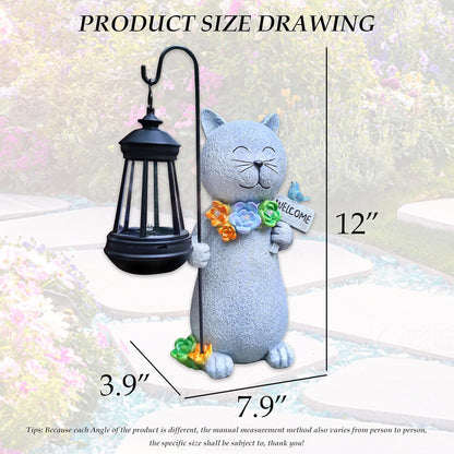 Solar Cat Garden Statues Outdoor Décor with Lantern- Cat Figurines Solar LED Light Lawn Ornaments - Yard Decorations for Patio, Balcony, Backyard -Unique House Warming Gifts for Mom