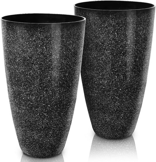 2 Pcs Pack 21 Inches Plastic Resin Tall Tapered Planter Pots Large Round Planter Flower Pot with Drainage Holes for Indoor Outdoor Deck Porch Garden Home Patio Front Door (Black, L)