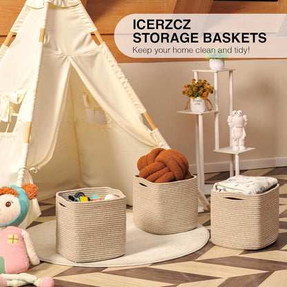 11 Inch Cube Storage Bins, Storage Cube Organizer Bins, Woven Cotton Rope Baskets for Storage, Storage Basket for Organizing Shelves, Square Baskets for Toys Nursery, Brown (Pack of 3)
