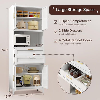 75” Tall Kitchen Pantry Storage Cabinet, Metal Bathroom Storage Cabinet with 2 Drawers and Adjustable Shelves, Kitchen Pantry Cupboard, Freestanding Cupboard for Bathroom, Living Room (White)
