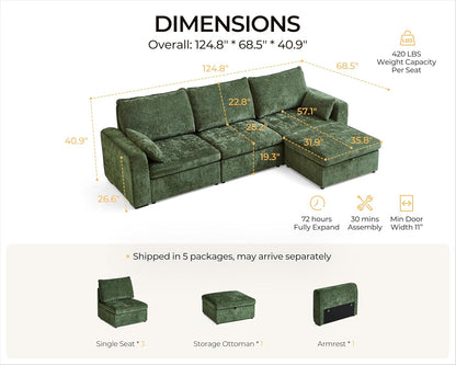 Oversized Modular Sofa Comfy Cloud Couch with Storage, Extra Deep Plush Sectional Sofa Set for Living Room, Covers Washable, Chenille, Olar (Green, 4-Seater with Ottoman, l-Shaped)