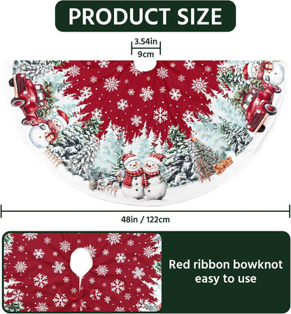 Christmas Tree Skirt 48 Inch, Red Snowman Trucker Xmas Tree Skirts, Winter Christmas Trees Mat for Home Party Holiday Indoor Outdoor Decorations