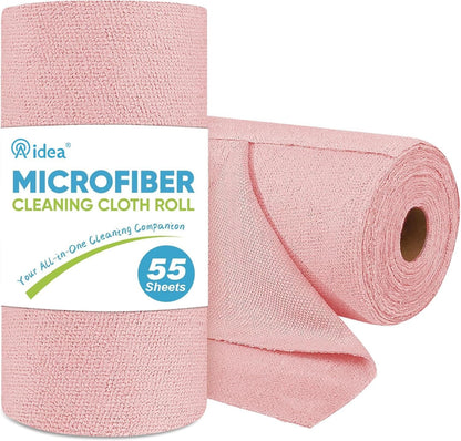 AIDEA Microfiber Cleaning Cloth Roll, 55 Sheets, Pink Towel, Microfiber Towels for Cars, Reusable Paper Towels, Shop Rags Washable, Cleaning Rags for Automotive, House, Kitchen, Cleaning Supplies11×9"