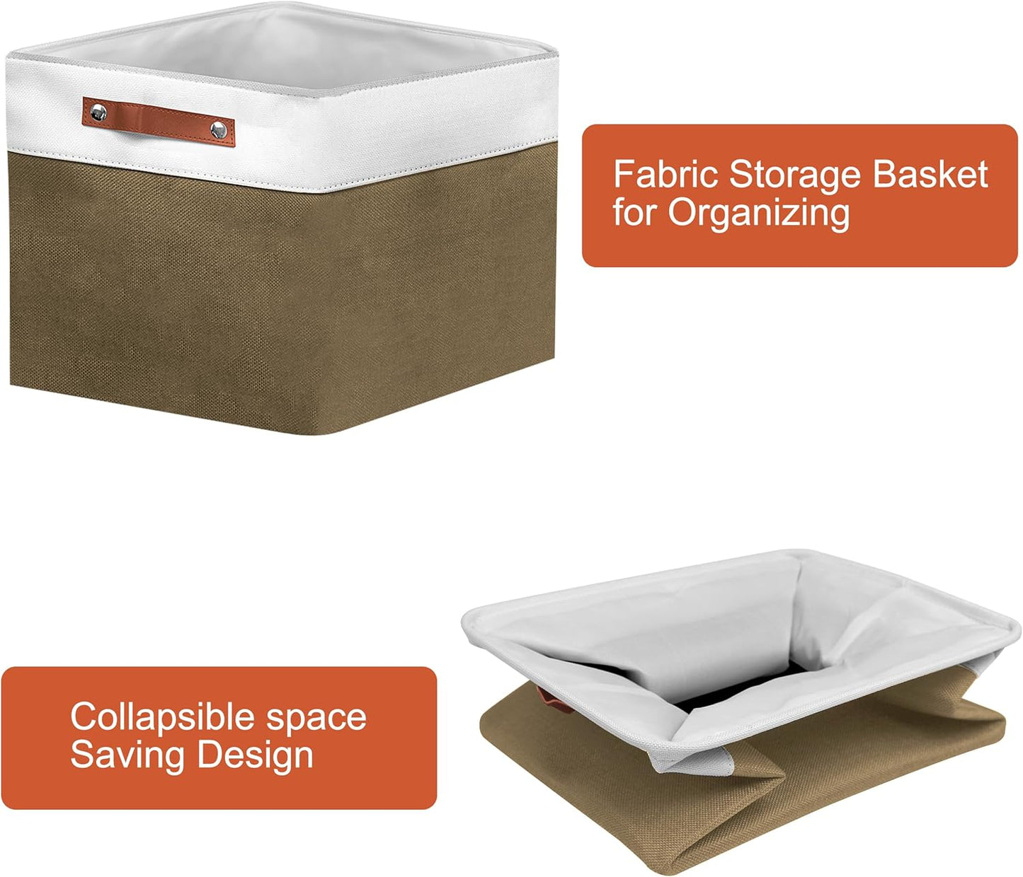 13in Open Fabric Storage Basket with Leather Handles for Organizing, Collapsible Linen Closet Bins for Shelves, Closets, Laundry, Decorative Basket for Gifts. (White＆Brown, 3PCS/13x13in)