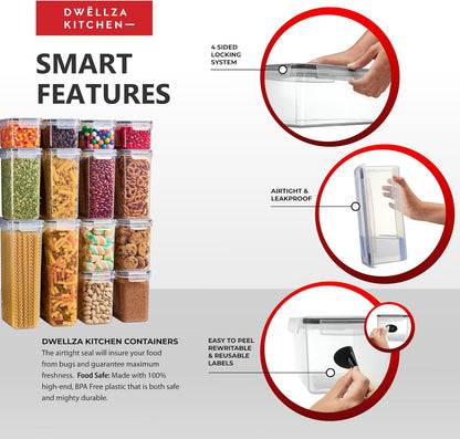 DWËLLZA KITCHEN Set of 14 Airtight Food Storage Containers for Pantry Organization and Storage - Sugar, Flour, Pasta, Spaghetti Plastic Air tight Kitchen Storage Containers With Lids, Labels & Marker