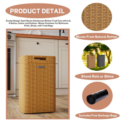 Ypati Handwoven 4 Gallon Rattan Trash Can with Lid, Boho Style Decorative Indoor and Outdoor Trash Bin with Shelf, Waste Basket for Bathroom, Patio, Study, with Trash Bags, Bohemian Yellow, Eureka