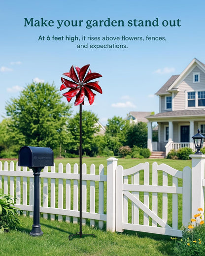 Wind Spinners Outdoor - Red Metal Windmill with Stake for Yard and Garden, Kinetic Wind Sculptures & Spinners, Gift Decor Ideas for Garden Lovers (12" W x 70" H)