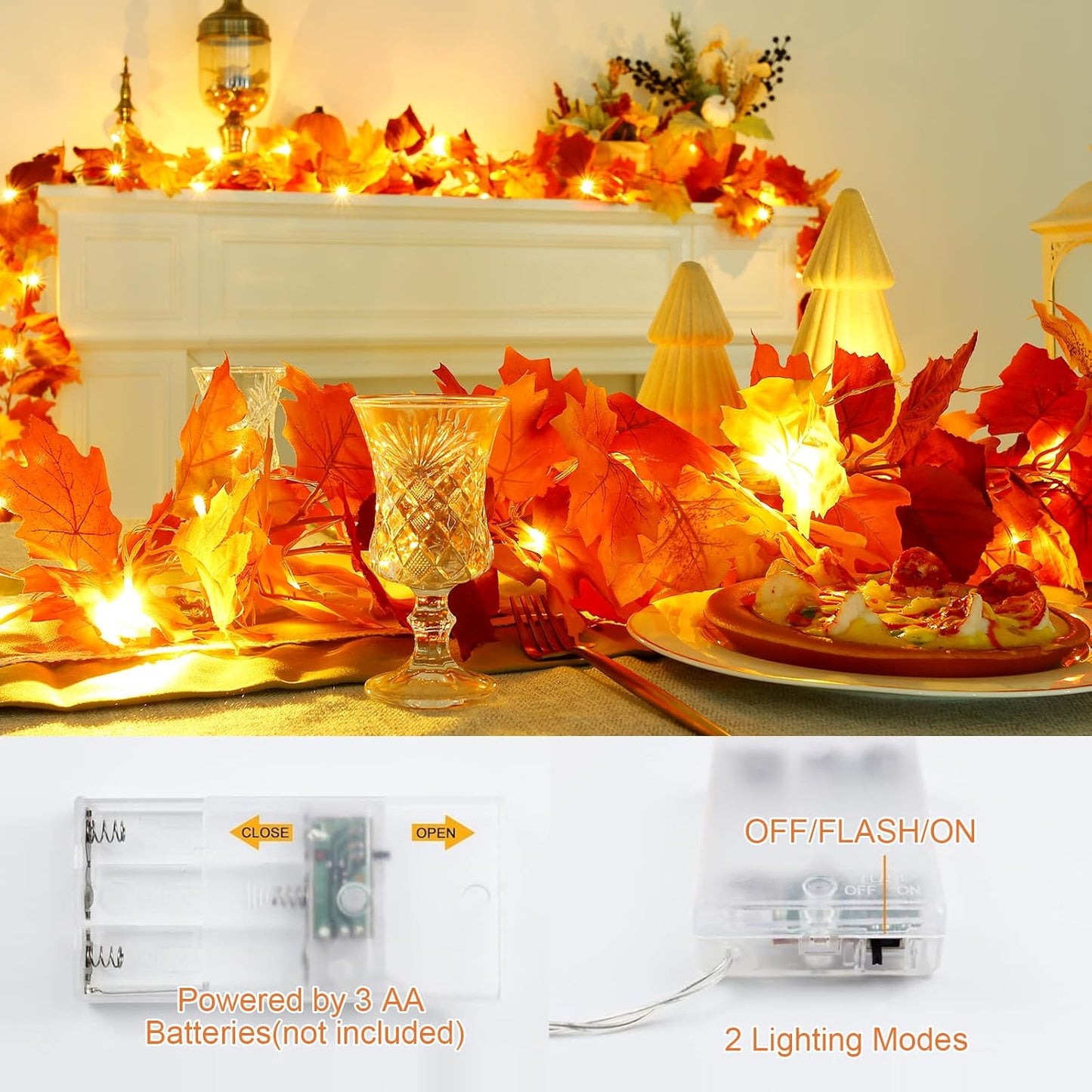Joyhalo 2 Pack Fall Garland with Lights, Fall Leaves for Mantle, Outdoor Lighted Up Leaf Garland Autumn Decor with 6.5FT LED String Lights, Hanging Maple Leaves for Door, Thanksgiving Decor