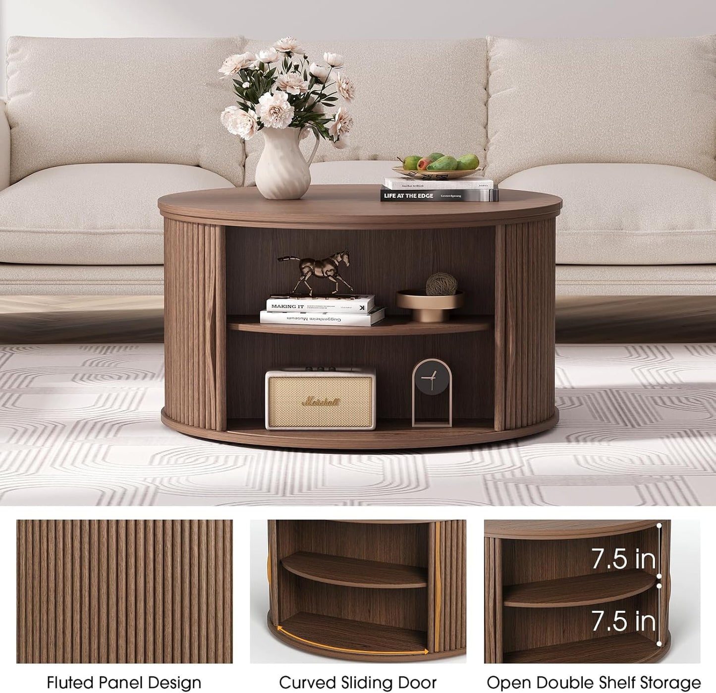 Round Coffee Table with Lifting Top,31.5”Mid Century Modern Lift Top Coffee Table with Hidden Compartment,Fluted Small Center Table for Living Room,Walnut