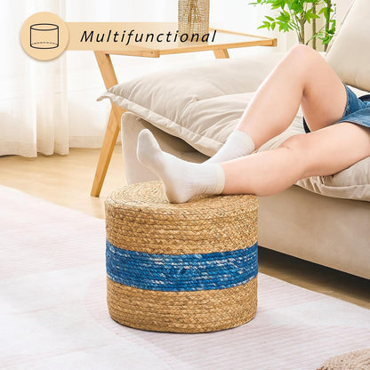 Handwoven Water Hyacinth Ottoman Pouf, Round Outdoor Footstool with Sturdy Frame, No Assembly Needed, Boho Accent Stool for Indoor & Outdoor Use – Patio, Balcony, Living Room (Blue)