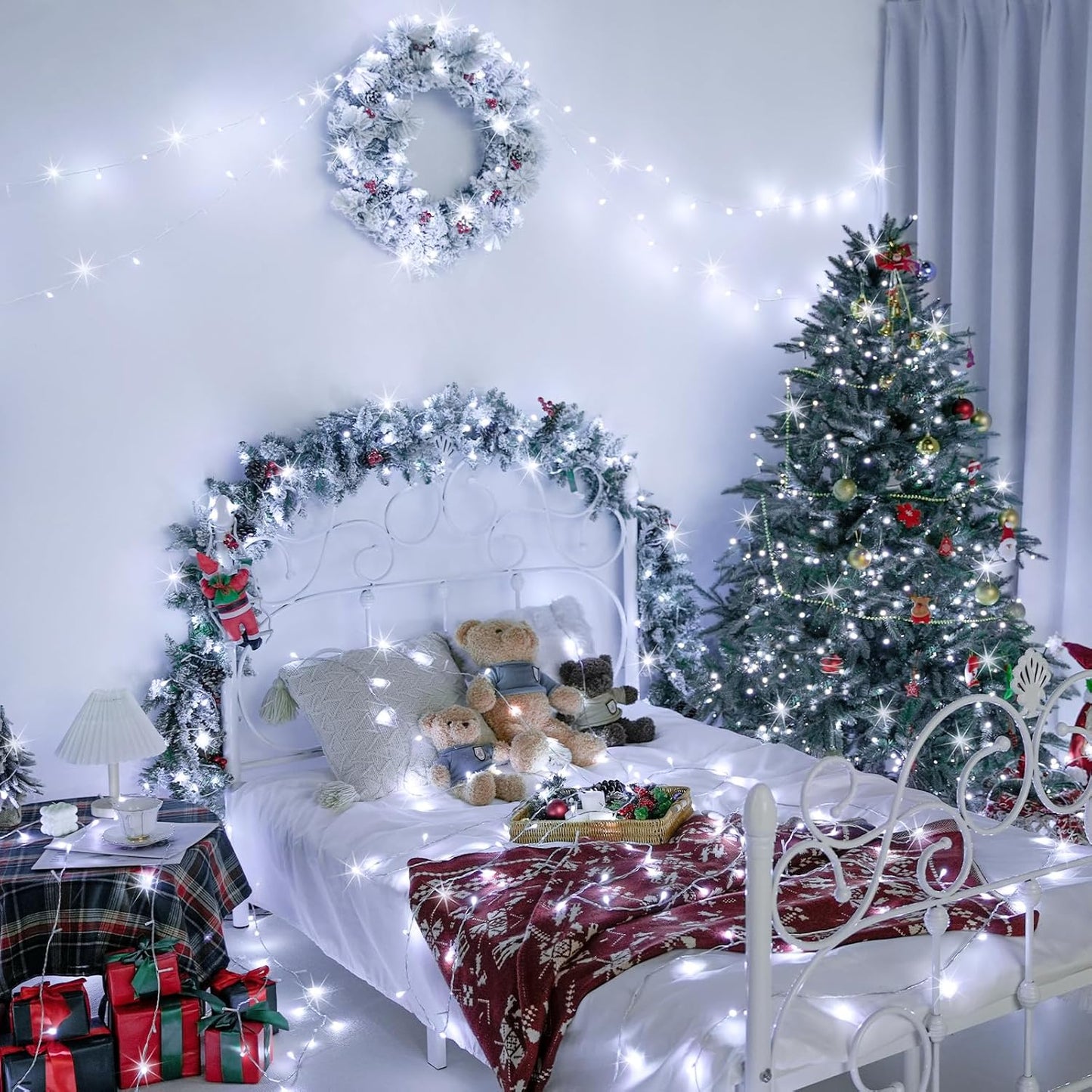 JMEXSUSS 33ft 100 LED White Christmas Lights, 8 Modes Connectable Clear Wire Twinkle Fairy String Lights Indoor, Plug-in Christmas String Lights Outdoor Waterproof for Christmas Wedding Party Tree