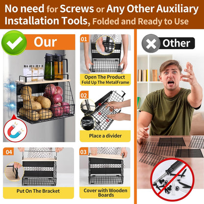 Large Magnetic Shelf for Fridge, Fruit and Vegetable Storage Wire Basket, Potato And Onion Storage Bin for Kitchen Organizers, Magnetic Spice Rack for Refrigerator, Kitchen Counter, RV and Laundry