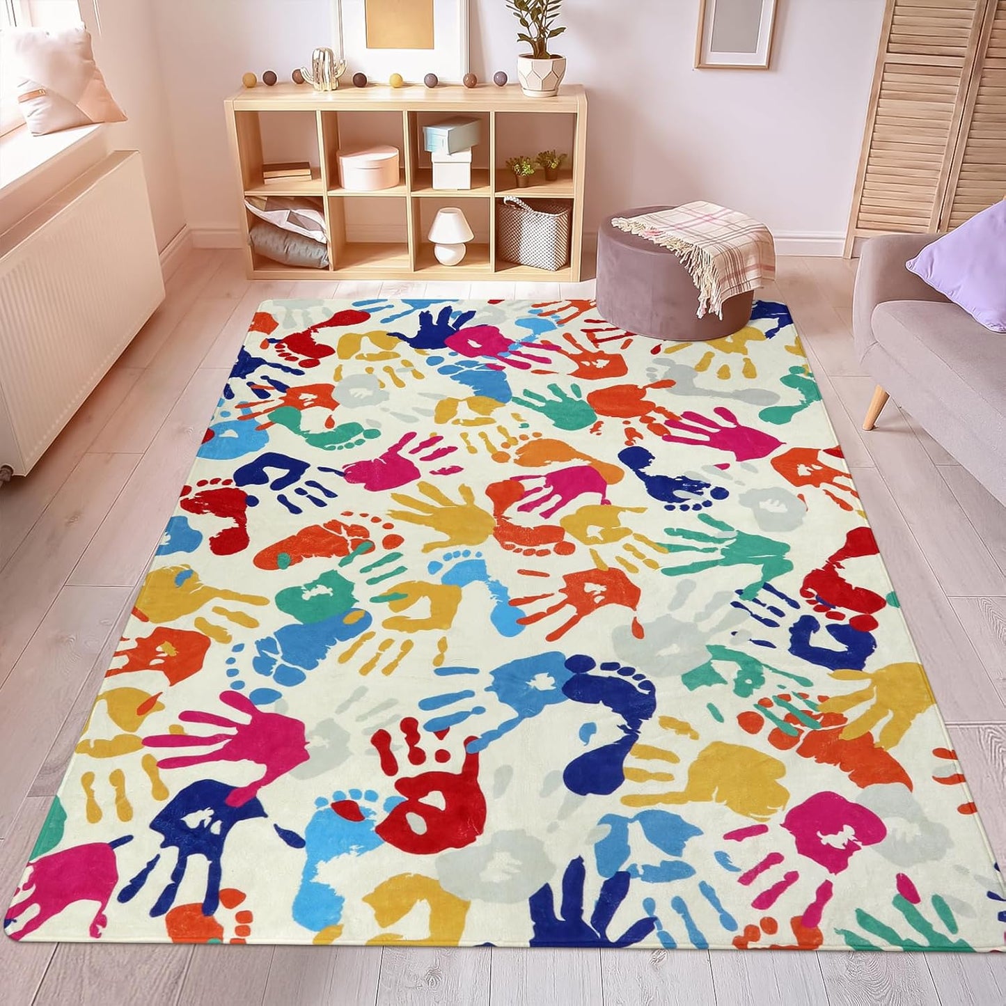 STARUIA Large Kids Rug for Playroom, 8'x10' Handprints and Footprints Colorful Rug for Classroom, Non-Slip Washable Rugs for Nursery, Soft Throw Carpet Indoor Playmat for Kids Room Dorm Bedroom