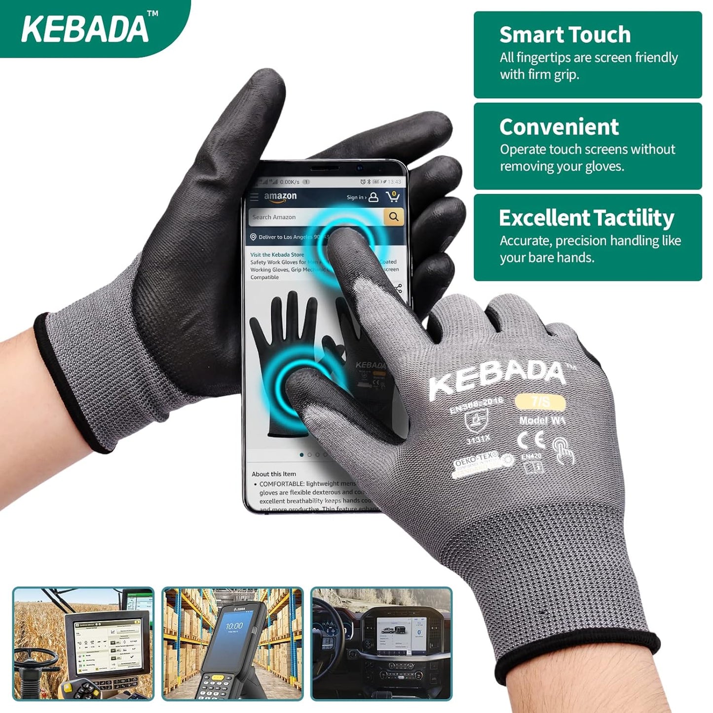 Kebada W1 Work Gloves for Men and Women, PU Coated Safety Gloves with Grip, Touchscreen, Ideal for Warehouse Package Handling, Construction, Gardening, 12 Pairs Gray XXL