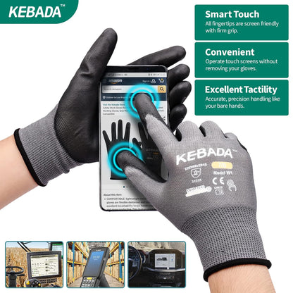Kebada W1 Work Gloves for Men and Women, PU Coated Safety Gloves with Grip, Touchscreen, Ideal for Warehouse Package Handling, Construction, Gardening, 12 Pairs Gray XXL