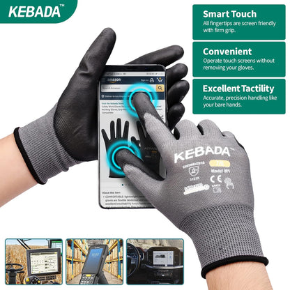 Kebada Safety Work Gloves,120 Pairs Bulk Pack, Touchscreen, PU Coated, Ideal for Warehouse, Construction, Gardening and Mechanics, Grey, Medium