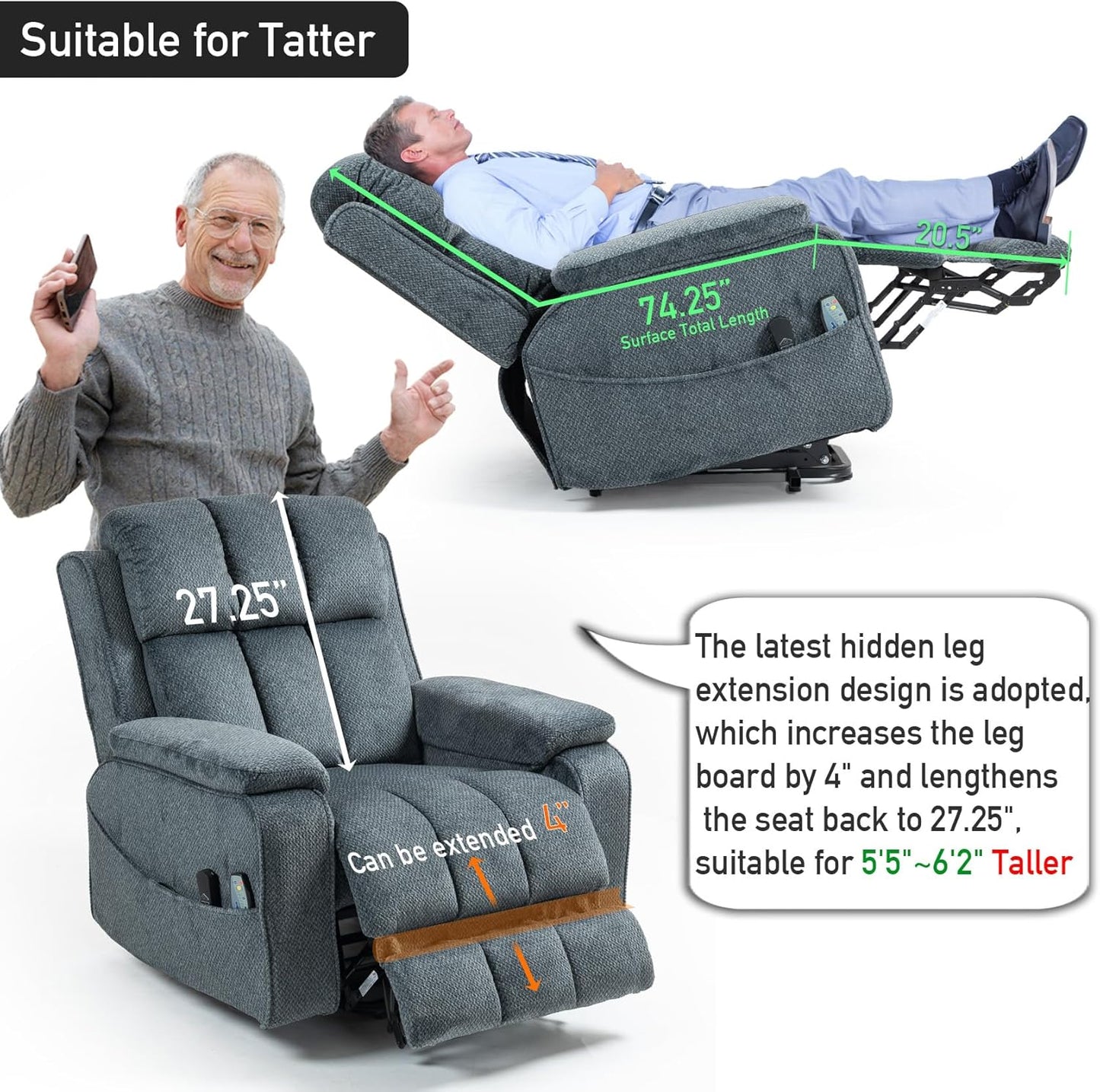 Lazy Boy Recliner Chair, Postoperative Recovery，Retractable 23'' Extra-Long Leg Support Lift Chair Hold up to 400lb，25.5'' Oversized Recliner seat for Big and Tall