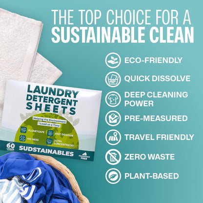 Sudstainables Laundry Detergent Sheets (60 Loads) – Eco-Friendly, Zero Waste, Plastic-Free Laundry Washing Machines Soap Sheets; Dissolvable, Space-Saving Strips for Travel (Unscented)