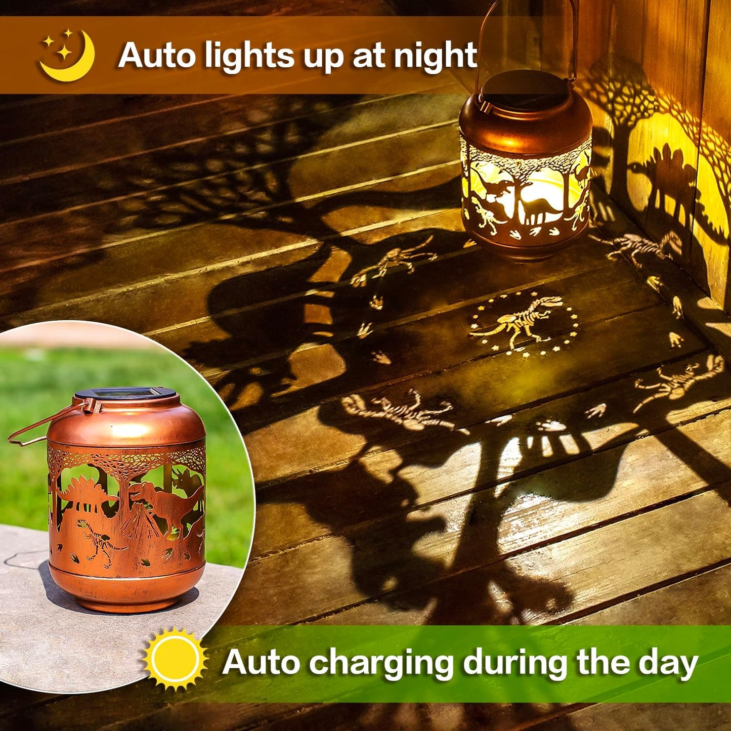 Dinosaur Solar Lanterns Outdoor Waterproof,Hanging Solar Lights Dinosaur Gifts for Women Men Metal LED Decorative Light for Yard,Patio,Lawn,Tabletop,Pathway,Landscape,Garden Decor