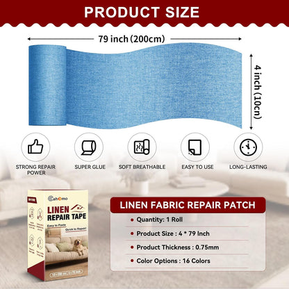 Linen Repair Tape 4x79 inch, Self Adhesive Fabric Patches, Linen Patch Tape Kit, Fabric Repair Tape for Couch Sofas, Headboards, Chairs, Pillows, Curtains, Couches - Blue