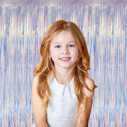 Iridescent Party Backdrop 3Packs Transparent Tinsel Foil Fringe Curtain for Frozen Mermaid Sea Birthday Party Decorations, 3.3x8.2ft Streamers Backdrops