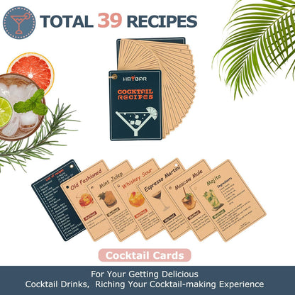 HMYBAR® Mixology Bartender kit | Cocktail Shaker Set | Boston Shaker Set, 20/28 OZ | Martini Making Set for Home Bar.Total 31 pcs incl 39-Recipe Cocktail Cards. Silver Tools. Bamb Stand Natural Color