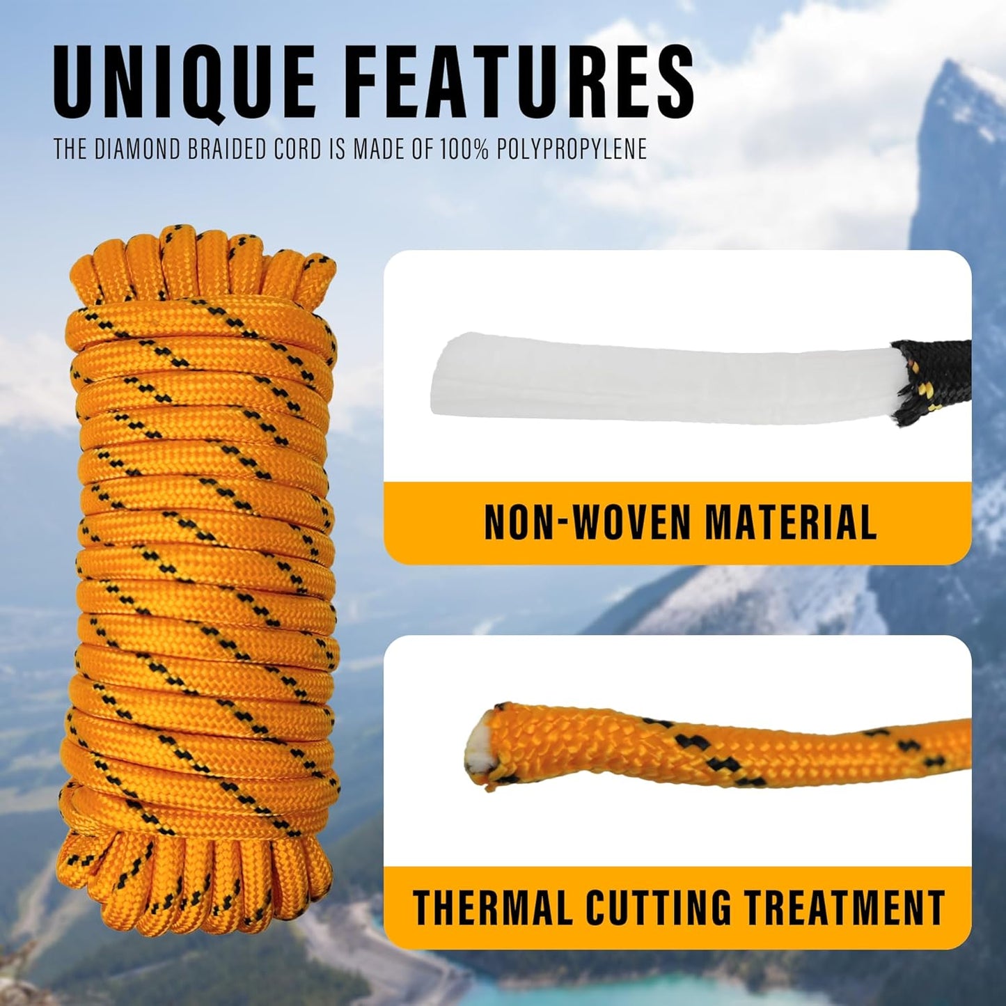 Diamond Braided Polypropylene Rope Nylon Rope Mix Thick Heavy Duty Ropes 3/8'' 100ft High Strength Perfect for Clothesrope Camping Hiking and Other Outdoor Activities Orange
