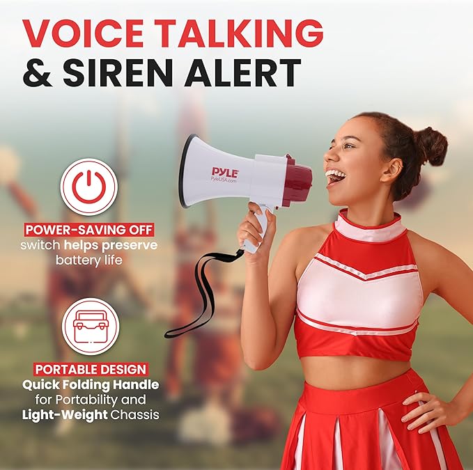 Pyle Lightweight 30-Watt Megaphone Bullhorn Speaker - Adjustable Volume, Built-in Siren for 800-Yard Range Suitable for Indoor/Outdoor Sports, Cheerleading, and Events (PMP30)