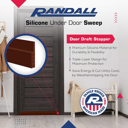 Adhesive Backed Door Draft Stopper – Silicone Under Door Sweep for Interior & Exterior Doors, Noise & Air Insulation, Self Stick Weather Stripping Door Seal, 2" W x 39" L (Brown) by Randall Mfg