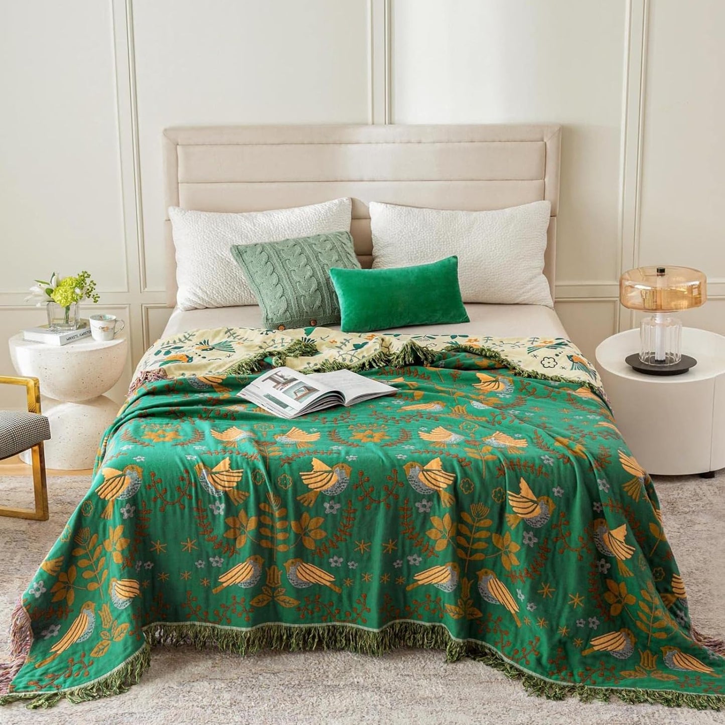 MSGKV Cotton Bed Blanket for Couch and Sofa Blankets for Living Room Bedroom Floral and Birds Throw 80"x90" Breathable Cozy Boho Blankets