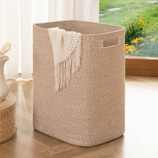 OIAHOMY Laundry Hamper, Rectangle Cotton Laundry Basket with Handles, Large Blanket Basket for Living room, Woven Decorative Storage for Toys,Clothes,Pillows-16x13x22in-Brown variegated