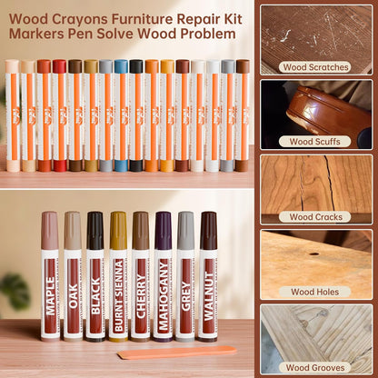 A-HEYIDA Wood Filler Sticks -16 Colors Wax Crayons for Furniture Scratch & 8 Colors Wood Touch-up Markers for Repair Any Scratches, Scuffs, Cracks and Nail Holes on Furniture,Floors,Doors,Cabinets