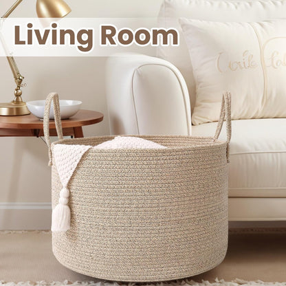 Woven Blanket Basket,65L Large Rope Storage Bin with Handles, Organizer for Blankets Toys Book and Clothes, Laundry Basket for Living Room Bedroom Nursery,Oatmeal