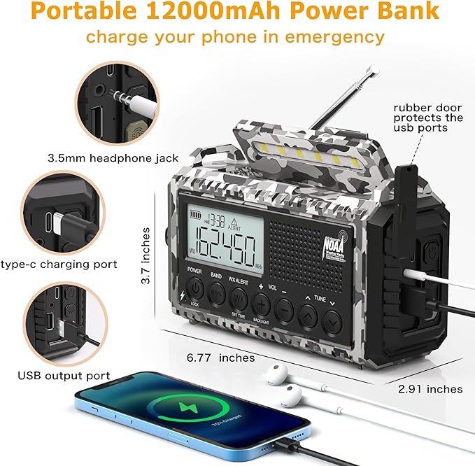 Emergency Radio 12000mAh with NOAA Weather Alert | Solar, Hand Crank, Battery AM/FM/Shortwave with Type-C Charger, Flashlight, SOS for Hurricane, Camping, Outdoor Survival