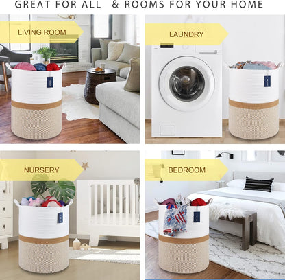 COMSE Extra Large Blanket Basket, Tall Woven Storage Basket, Nursery Hamper, 15.7”x 21.7”, Cotton Rope Laundry Hamper for Toys Clothes Towels, Blend White/Camel