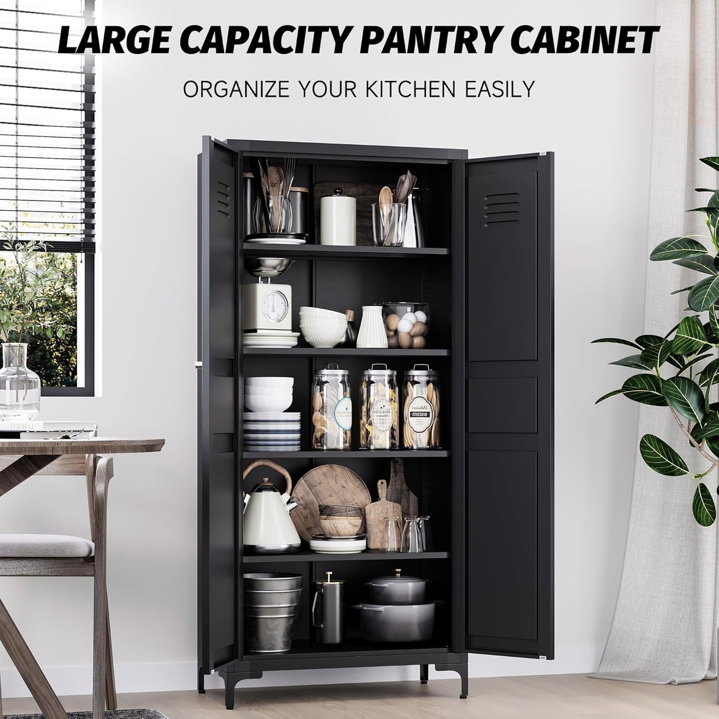 Metal Storage Cabinet with Doors and Shelves,Black Storage Cabinet with Leg,Metal Pantry Cabinets,Ventilated Pantry Closet,Tall Large Cupboard for Home,Kitchen,Dining/Living/Laundry Room