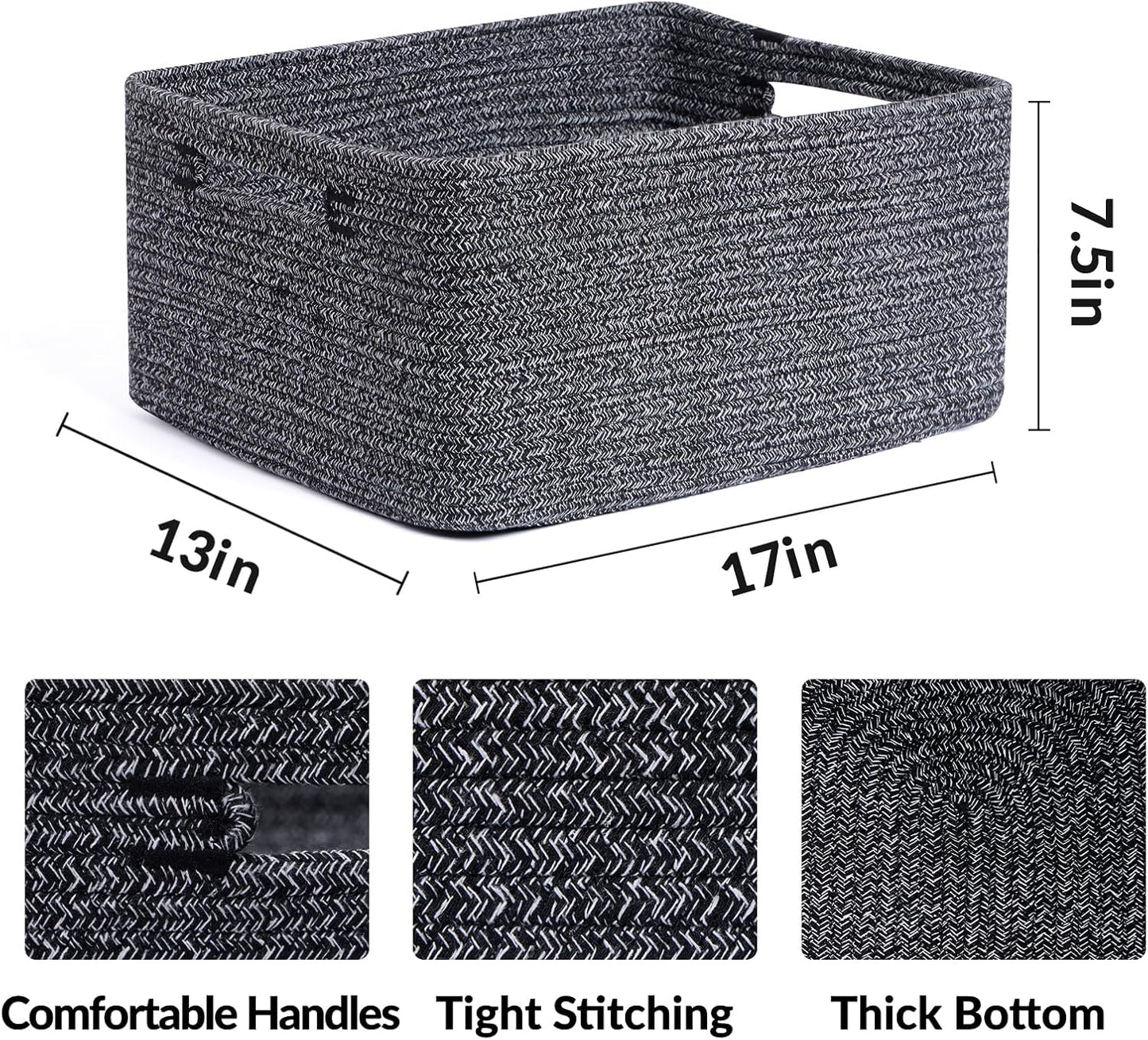 Large Storage Baskets for Shelves, Closet Organizers Bins for Clothes Blanket Towels, Baby Nursery, Toy Baskets Box, Woven Rope Baskets, 17 x 13 x 7.5”, 2 Packs Dark Gray