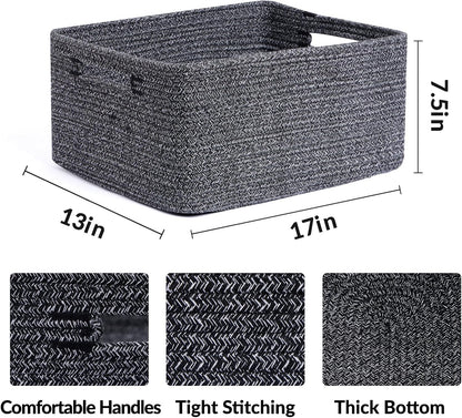 Large Storage Baskets for Shelves, Closet Organizers Bins for Clothes Blanket Towels, Baby Nursery, Toy Baskets Box, Woven Rope Baskets, 17 x 13 x 7.5”, 3 Packs Dark Gray
