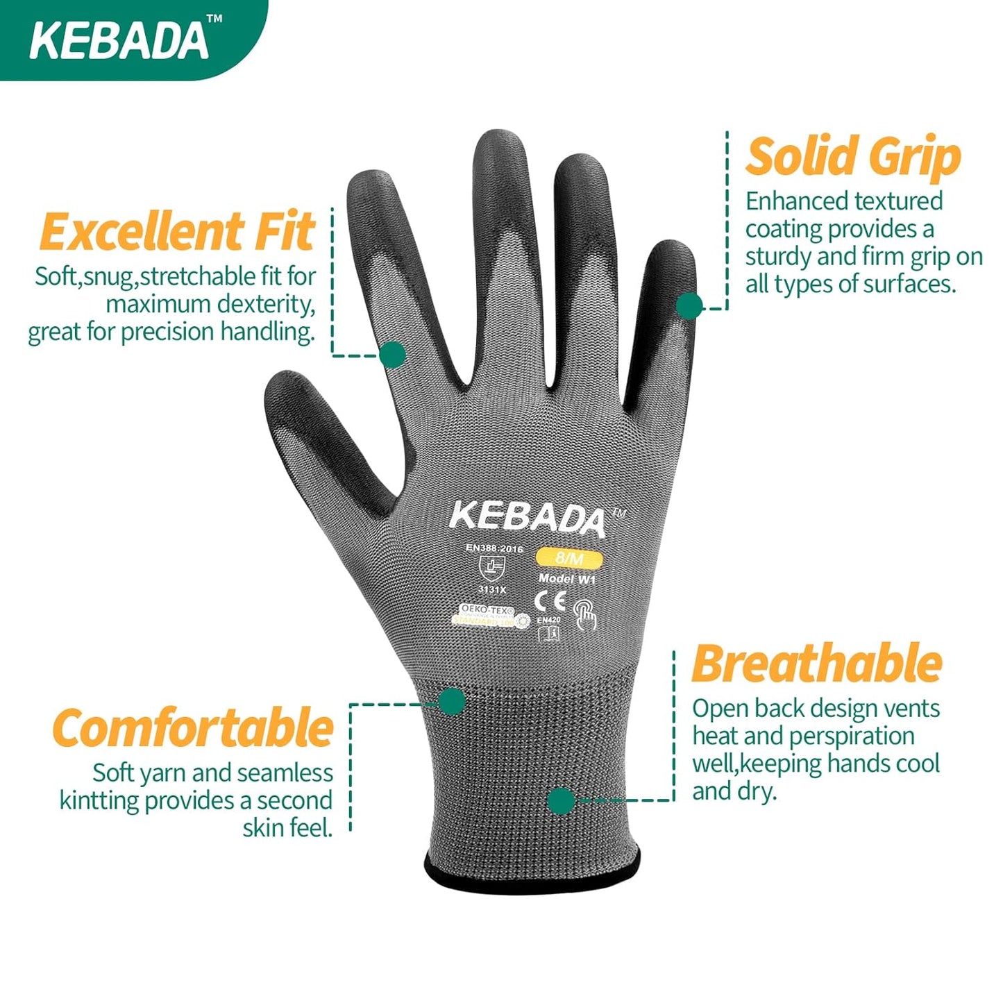 Kebada W1 Work Gloves for Men and Women, Touchscreen PU Coated Gloves with Grip, 50 Pairs Bulk Pack, Ideal for Warehouse Package Handling, Construction, Gardening, Gray Small