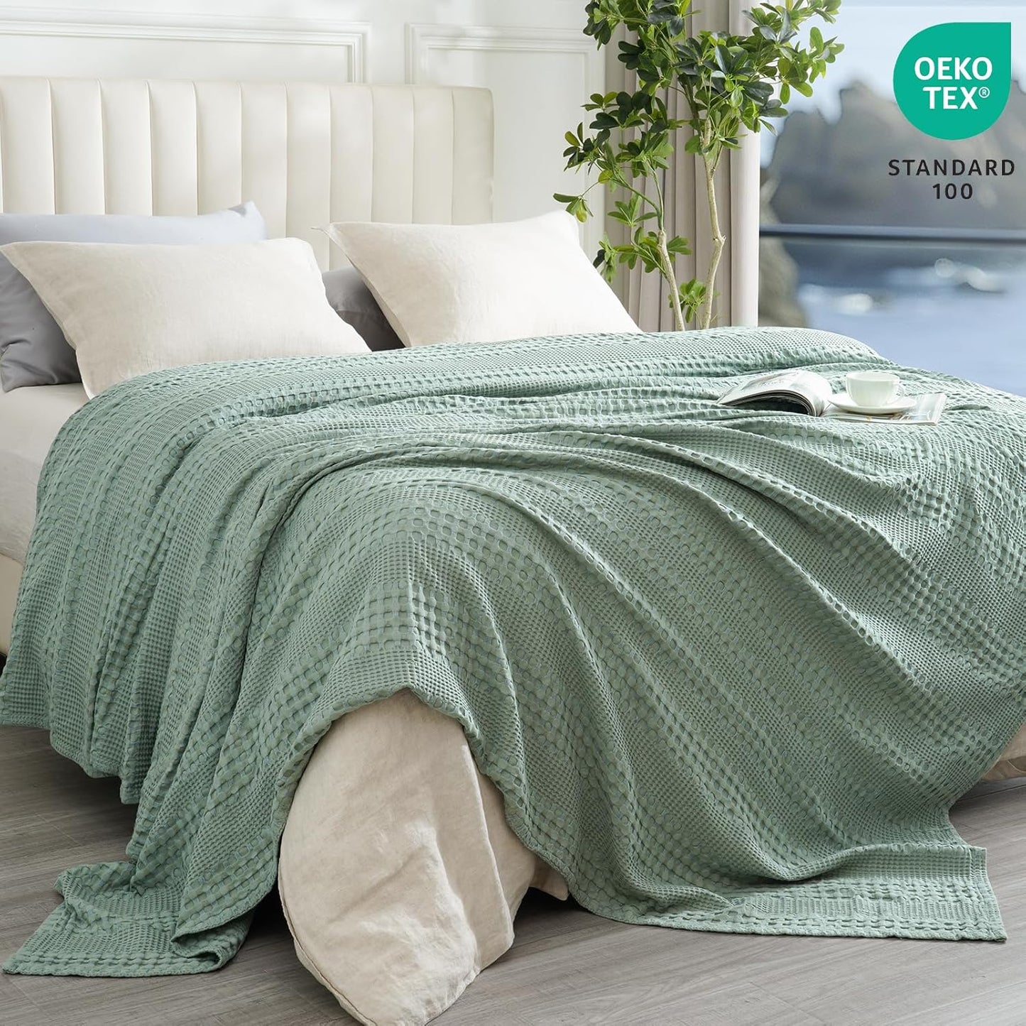 PHF Cooling Waffle Blanket Twin Size, Lightweight 60% Rayon Derived from Bamboo & 40% Cotton Breathable Blanket for Hot Sleepers, Soft and Luxury for Bed Couch and Sofa, 66"x90", Sage Green