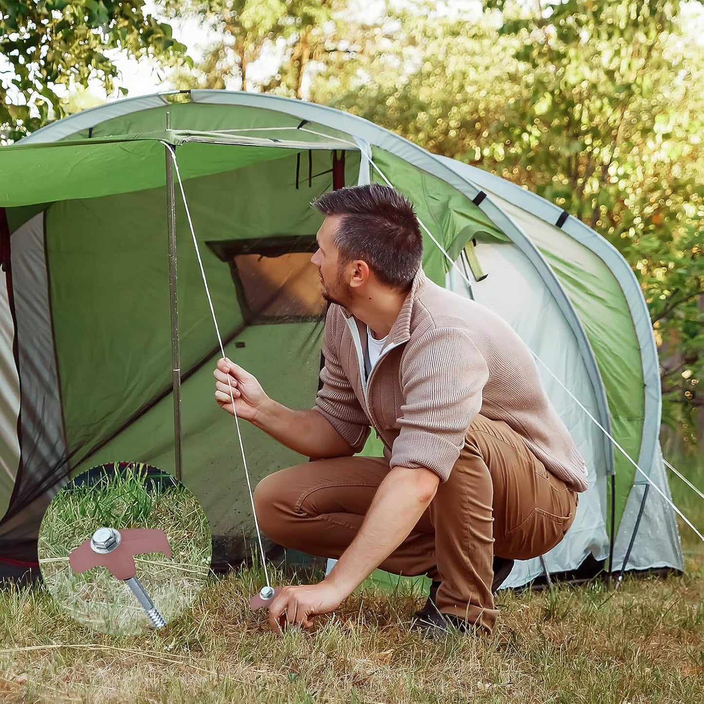 Hicarer 20 Pcs 20 Pcs 8'' Screw in Tent Stakes Heavy Duty Ground Metal Stakes for Inflatables with Hex Head Driver for Outdoor Camping Tent Inflatable Garden Decor (Brown)