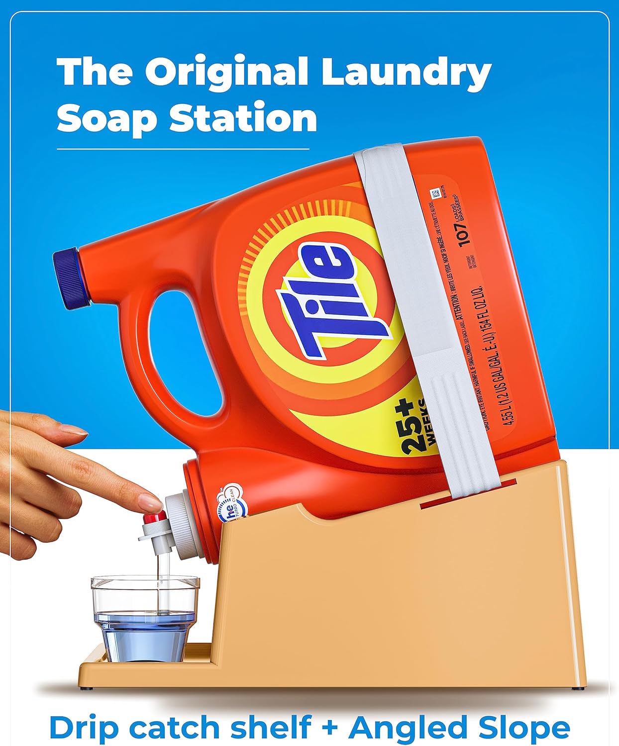 TidyFriend Laundry Detergent Holder Stand with Drip Tray, Laundry Soap Holder with Non-Slip Rubber Feet for Washing Space Organization, Angled Downward Slope for Easy Pouring (Beige)