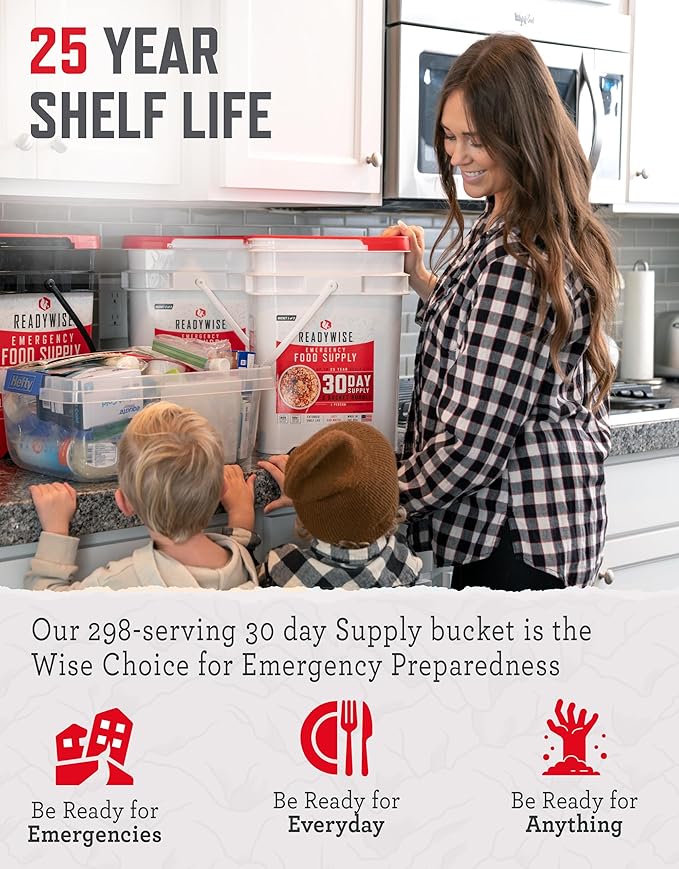 ReadyWise 30 Day Emergency Food Supply - 296 Servings, 2 Buckets, Freeze Dried Protein Meals, Survival Food Storage, Ready to Eat, up to 25 Year Shelf Life