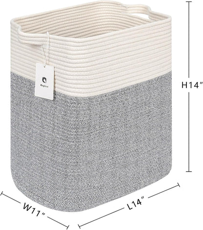 Storage Baskets for Clothes Fabric Cotton Rope Storage Basket with Handles, Decorative Woven Basket for Living Room,Closet Organizer Blankets, and 2bags (Silver Gray, L14×W11×H14)